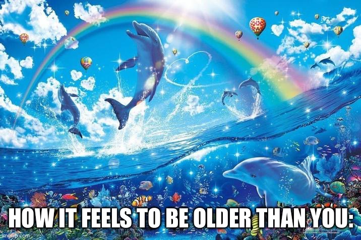 Happy dolphin rainbow | HOW IT FEELS TO BE OLDER THAN YOU: | image tagged in happy dolphin rainbow | made w/ Imgflip meme maker