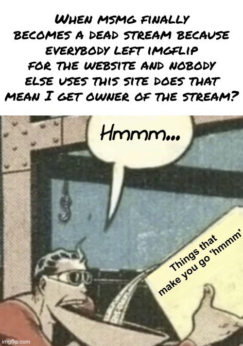 @Drizzy get ready to make it happen. :) | When msmg finally becomes a dead stream because everybody left imgflip for the website and nobody else uses this site does that mean I get owner of the stream? | image tagged in things that make you go hmmm | made w/ Imgflip meme maker