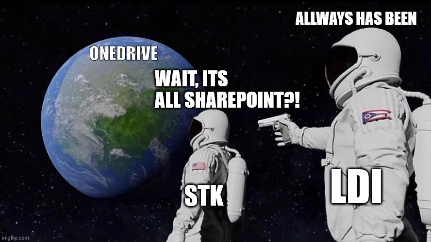 M$ FoR bUiSsNeSs | ALLWAYS HAS BEEN; ONEDRIVE; WAIT, ITS ALL SHAREPOINT?! LDI; STK | image tagged in memes,always has been | made w/ Imgflip meme maker