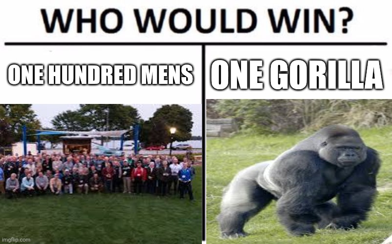 Who Would Win? Meme | ONE HUNDRED MENS; ONE GORILLA | image tagged in memes,who would win | made w/ Imgflip meme maker