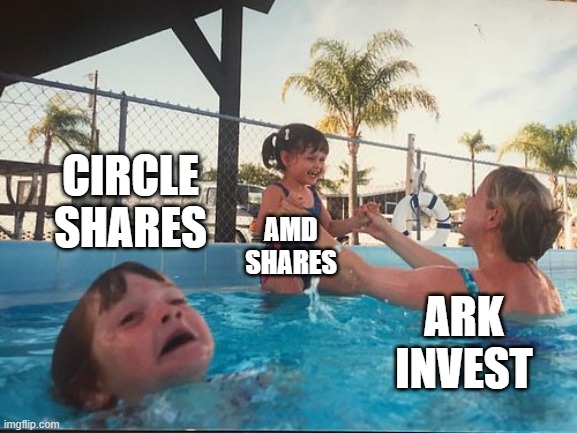 drowning kid in the pool | CIRCLE SHARES; AMD SHARES; ARK INVEST | image tagged in drowning kid in the pool | made w/ Imgflip meme maker