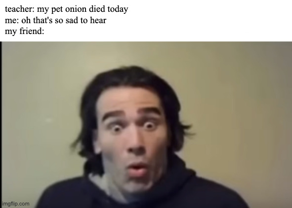 teacher: my pet onion died today 
me: oh that's so sad to hear
my friend: | made w/ Imgflip meme maker