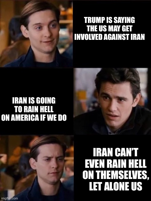 You don't have to convince me/sell it to me | TRUMP IS SAYING THE US MAY GET INVOLVED AGAINST IRAN; IRAN IS GOING TO RAIN HELL ON AMERICA IF WE DO; IRAN CAN’T EVEN RAIN HELL ON THEMSELVES, LET ALONE US | image tagged in you don't have to convince me/sell it to me | made w/ Imgflip meme maker
