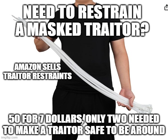 Traitor Restrainer | NEED TO RESTRAIN A MASKED TRAITOR? AMAZON SELLS TRAITOR RESTRAINTS; 50 FOR 7 DOLLARS, ONLY TWO NEEDED TO MAKE A TRAITOR SAFE TO BE AROUND | image tagged in traitor restrainers | made w/ Imgflip meme maker