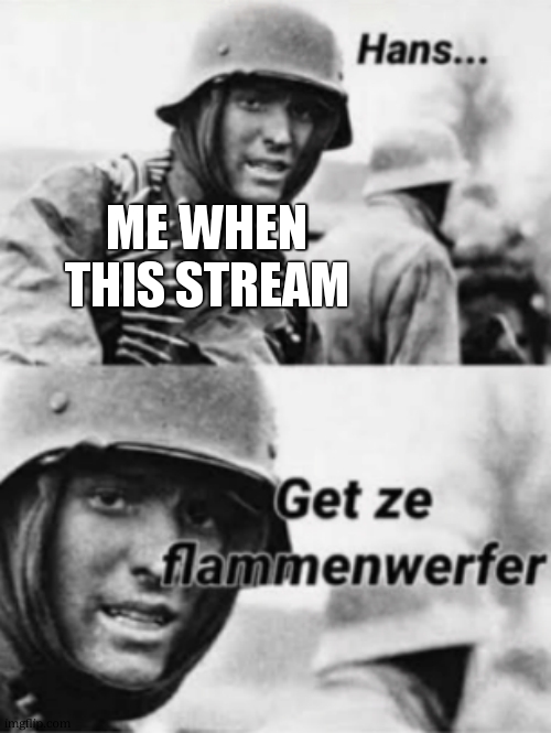 Hans, Get ze flammenwerfer | ME WHEN THIS STREAM | image tagged in hans get ze flammenwerfer | made w/ Imgflip meme maker