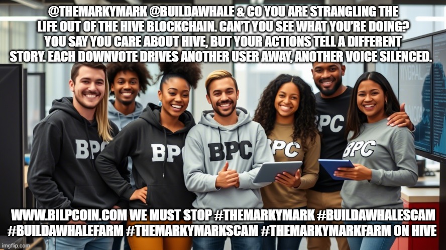 @THEMARKYMARK @BUILDAWHALE & CO YOU ARE STRANGLING THE LIFE OUT OF THE HIVE BLOCKCHAIN. CAN’T YOU SEE WHAT YOU’RE DOING? YOU SAY YOU CARE ABOUT HIVE, BUT YOUR ACTIONS TELL A DIFFERENT STORY. EACH DOWNVOTE DRIVES ANOTHER USER AWAY, ANOTHER VOICE SILENCED. WWW.BILPCOIN.COM WE MUST STOP #THEMARKYMARK #BUILDAWHALESCAM #BUILDAWHALEFARM #THEMARKYMARKSCAM #THEMARKYMARKFARM ON HIVE | made w/ Imgflip meme maker