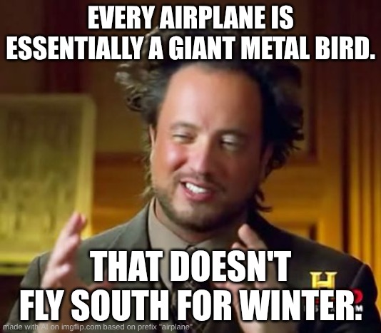 Ancient Aliens | EVERY AIRPLANE IS ESSENTIALLY A GIANT METAL BIRD. THAT DOESN'T FLY SOUTH FOR WINTER. | image tagged in memes,ancient aliens | made w/ Imgflip meme maker