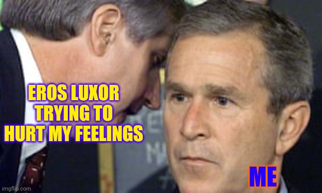 George Bush 9/11 | EROS LUXOR TRYING TO HURT MY FEELINGS; ME | image tagged in george bush 9/11 | made w/ Imgflip meme maker