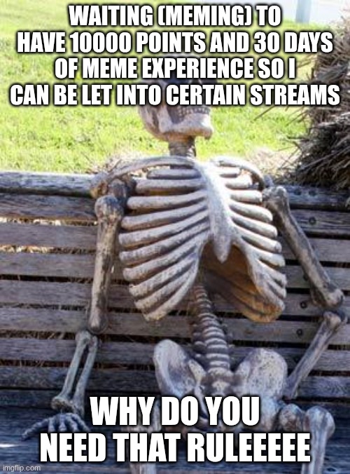 Waiting Skeleton Meme | WAITING (MEMING) TO HAVE 10000 POINTS AND 30 DAYS OF MEME EXPERIENCE SO I CAN BE LET INTO CERTAIN STREAMS; WHY DO YOU NEED THAT RULEEEEE | image tagged in memes,waiting skeleton,upvotes,rules | made w/ Imgflip meme maker