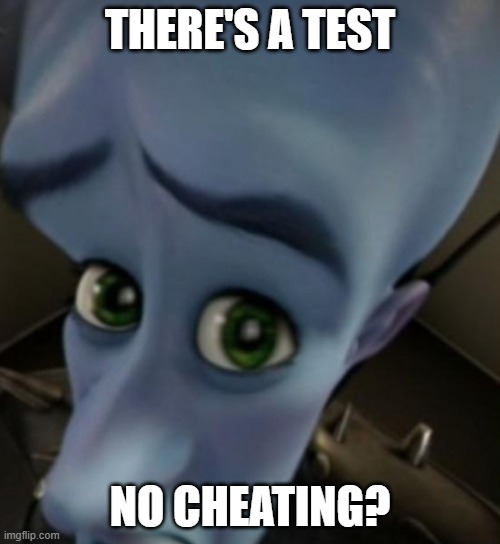 Megamind no bitches | THERE'S A TEST; NO CHEATING? | image tagged in megamind no bitches | made w/ Imgflip meme maker