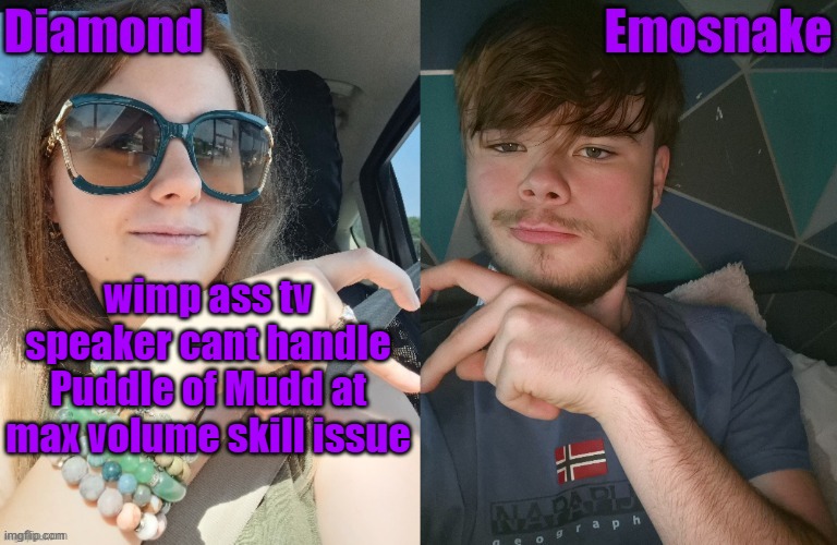 Diamond and ES shared couple temp | wimp ass tv speaker cant handle Puddle of Mudd at max volume skill issue | image tagged in diamond and es shared couple temp | made w/ Imgflip meme maker