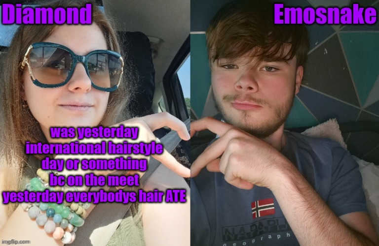Diamond and ES shared couple temp | was yesterday international hairstyle day or something bc on the meet yesterday everybodys hair ATE | image tagged in diamond and es shared couple temp | made w/ Imgflip meme maker