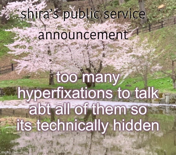list in comments | too many hyperfixations to talk abt all of them so its technically hidden | image tagged in shira s psa | made w/ Imgflip meme maker
