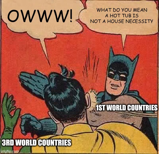 Batman Slapping Robin | OWWW! WHAT DO YOU MEAN A HOT TUB IS NOT A HOUSE NECESSITY; 1ST WORLD COUNTRIES; 3RD WORLD COUNTRIES | image tagged in memes,batman slapping robin | made w/ Imgflip meme maker