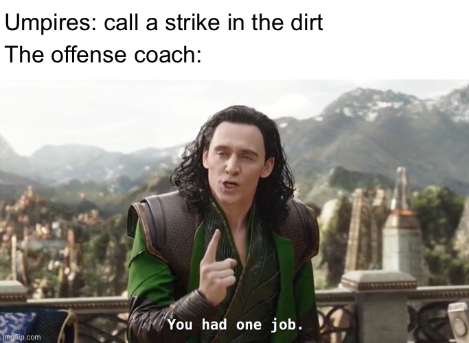 You had one job, just one. | Umpires: call a strike in the dirt; The offense coach: | image tagged in you had one job just the one | made w/ Imgflip meme maker