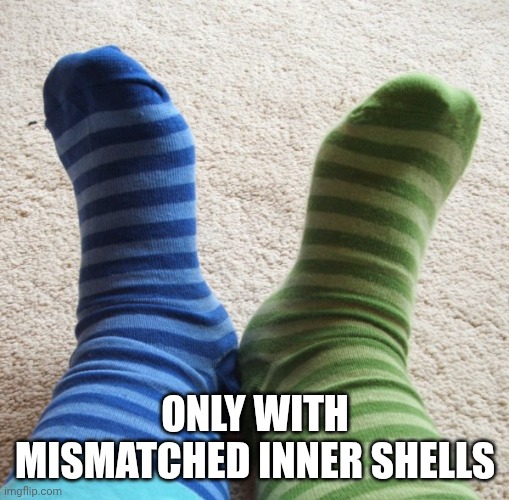 ONLY WITH MISMATCHED INNER SHELLS | image tagged in socks | made w/ Imgflip meme maker