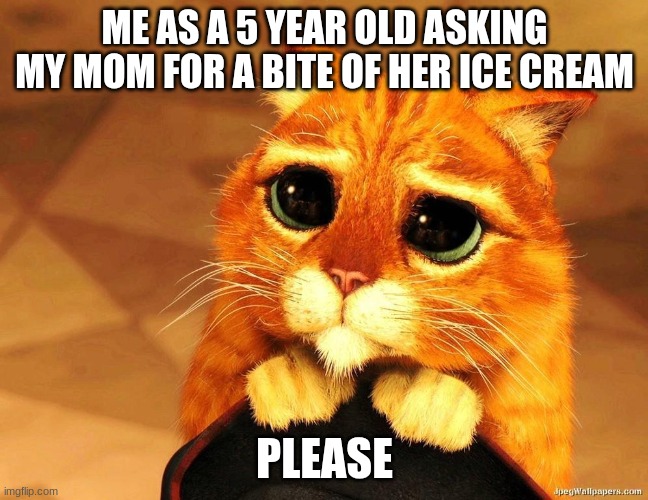Puss in Boots Shrek cat begging | ME AS A 5 YEAR OLD ASKING MY MOM FOR A BITE OF HER ICE CREAM; PLEASE | image tagged in puss in boots shrek cat begging | made w/ Imgflip meme maker