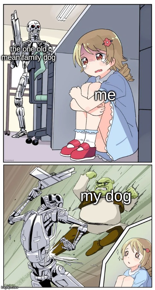 shrek killing terminator | the one old mean family dog; me; my dog | image tagged in shrek killing terminator | made w/ Imgflip meme maker