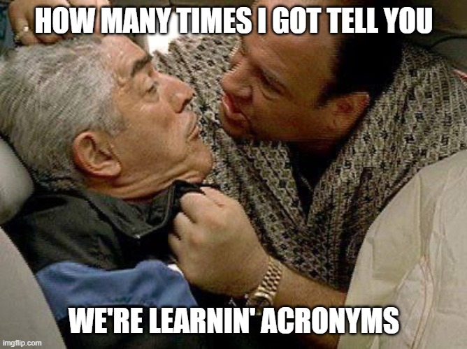 Learn Acronyms | HOW MANY TIMES I GOT TELL YOU; WE'RE LEARNIN' ACRONYMS | image tagged in tony soprano | made w/ Imgflip meme maker