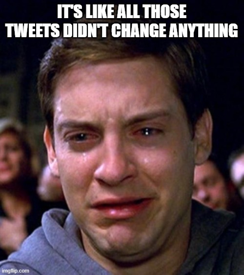 crying peter parker | IT'S LIKE ALL THOSE TWEETS DIDN'T CHANGE ANYTHING | image tagged in crying peter parker | made w/ Imgflip meme maker