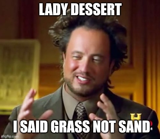LADY DESSERT I SAID GRASS NOT SAND | image tagged in memes,ancient aliens | made w/ Imgflip meme maker