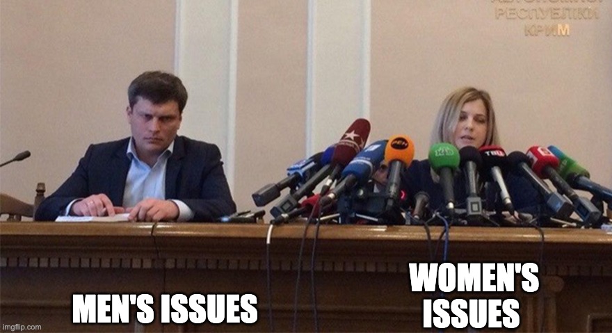 Man and woman microphone | MEN'S ISSUES; WOMEN'S ISSUES | image tagged in man and woman microphone | made w/ Imgflip meme maker
