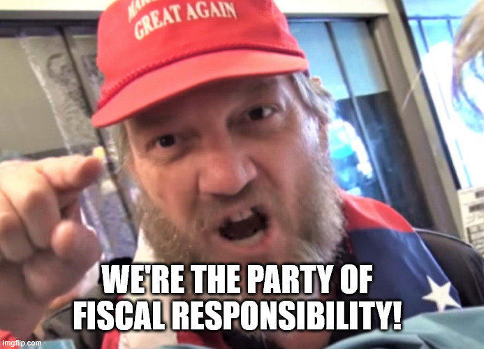 Angry Trumper MAGA White Supremacist | WE'RE THE PARTY OF FISCAL RESPONSIBILITY! | image tagged in angry trumper maga white supremacist | made w/ Imgflip meme maker
