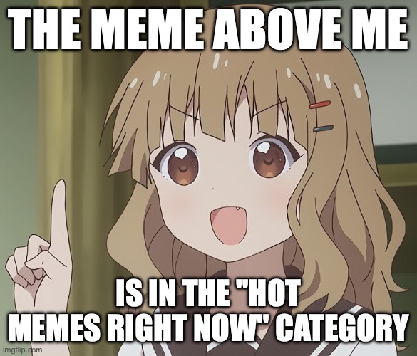 Just complimenting the meme above this meme | THE MEME ABOVE ME; IS IN THE "HOT MEMES RIGHT NOW" CATEGORY | image tagged in the person above me,funny,memes,smort,compliment,viral meme | made w/ Imgflip meme maker