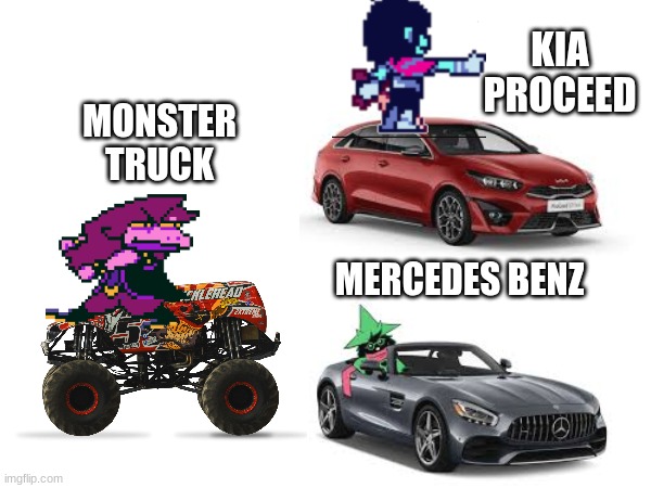 Only then, shining with hope, three vehicles appear at world's end... | KIA PROCEED; MONSTER TRUCK; MERCEDES BENZ | image tagged in deltarune,vehicle | made w/ Imgflip meme maker