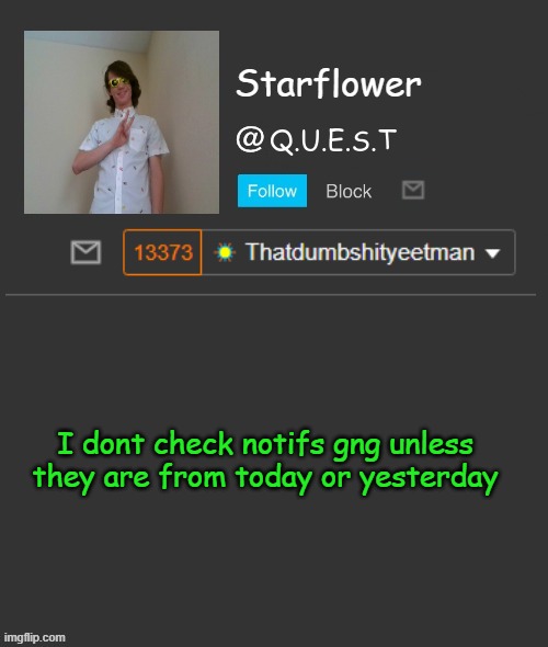 Starflower quest template | I dont check notifs gng unless they are from today or yesterday | image tagged in starflower quest template | made w/ Imgflip meme maker
