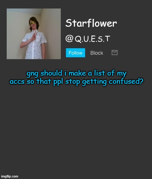 Starflower quest template | gng should i make a list of my accs so that ppl stop getting confused? | image tagged in starflower quest template | made w/ Imgflip meme maker