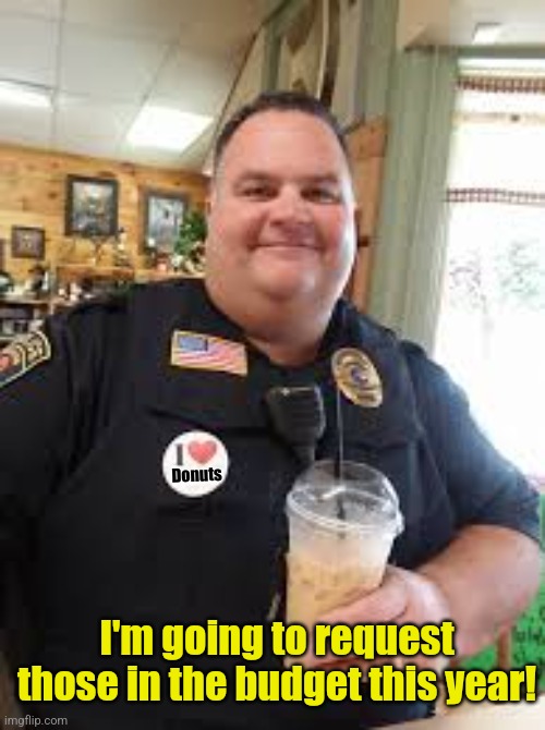 Fat local cop | Donuts I'm going to request those in the budget this year! | image tagged in fat local cop | made w/ Imgflip meme maker