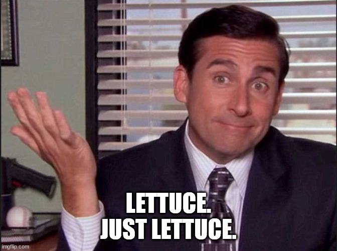 Michael Scott | LETTUCE.
JUST LETTUCE. | image tagged in michael scott | made w/ Imgflip meme maker