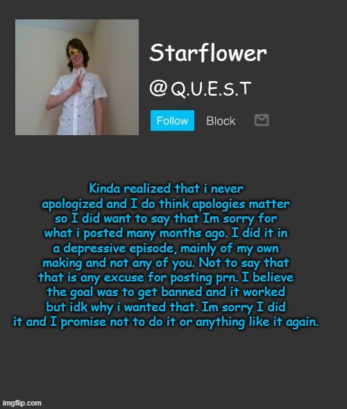 Starflower quest template | Kinda realized that i never apologized and I do think apologies matter so I did want to say that Im sorry for what i posted many months ago. I did it in a depressive episode, mainly of my own making and not any of you. Not to say that that is any excuse for posting prn. I believe the goal was to get banned and it worked but idk why i wanted that. Im sorry I did it and I promise not to do it or anything like it again. | image tagged in starflower quest template | made w/ Imgflip meme maker