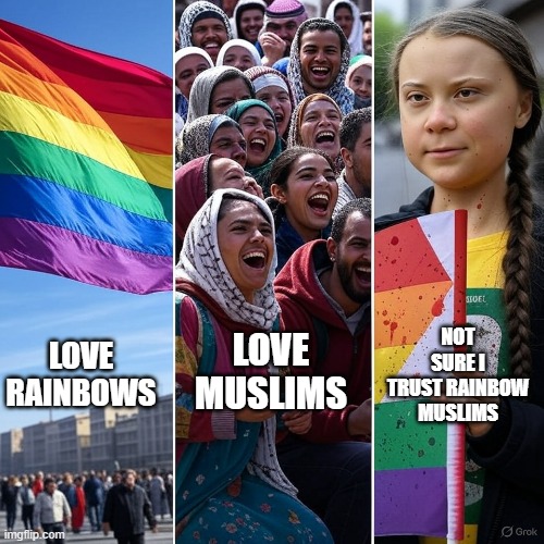 I love rainbows, love muslims, im not sure i trust rainbow muslims. | LOVE MUSLIMS; NOT SURE I TRUST RAINBOW MUSLIMS; LOVE RAINBOWS | image tagged in rainbow,lgbtq,islam,trump,maga,communist | made w/ Imgflip meme maker