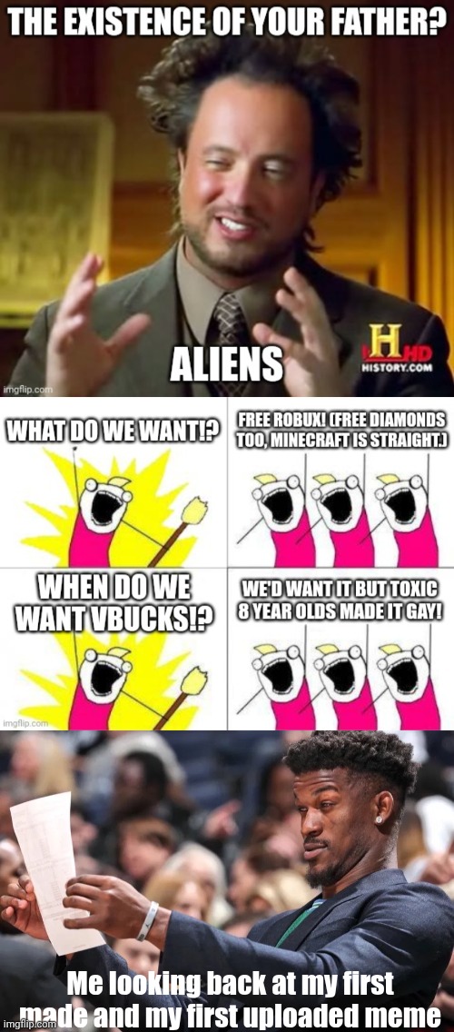 I might have not been mentally sophisticated yet | Me looking back at my first made and my first uploaded meme | image tagged in jimmy butler looing at paper,meme,i dont know what to put here,why are you reading the tags | made w/ Imgflip meme maker