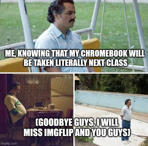 goodbye guys :( | ME, KNOWING THAT MY CHROMEBOOK WILL 
BE TAKEN LITERALLY NEXT CLASS; (GOODBYE GUYS, I WILL MISS IMGFLIP AND YOU GUYS) | image tagged in memes,sad pablo escobar | made w/ Imgflip meme maker