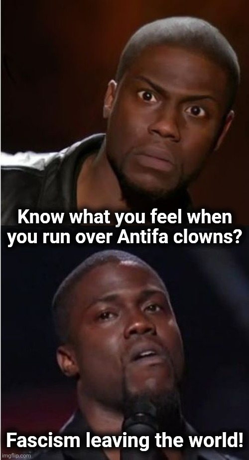 kevin hart reaction | Know what you feel when
you run over Antifa clowns? Fascism leaving the world! | image tagged in kevin hart reaction | made w/ Imgflip meme maker