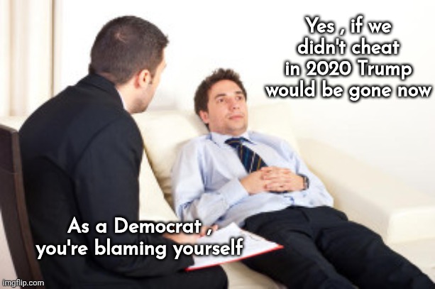 Nobody's fault but yours | Yes , if we didn't cheat in 2020 Trump would be gone now; As a Democrat , you're blaming yourself | image tagged in psychiatrist,democrats democratting,cheaters,regrets,blame canada,well yes but actually no | made w/ Imgflip meme maker