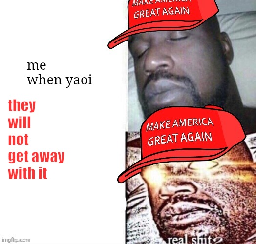 MAGA Shaq I sleep real shit | they will not get away with it; me when yaoi | image tagged in maga shaq i sleep real shit | made w/ Imgflip meme maker