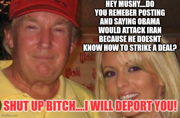 Lost the art.... | HEY MUSHY....DO YOU REMEBER POSTING AND SAYING OBAMA WOULD ATTACK IRAN BECAUSE HE DOESNT KNOW HOW TO STRIKE A DEAL? SHUT UP BITCH....I WILL DEPORT YOU! | image tagged in side chick | made w/ Imgflip meme maker