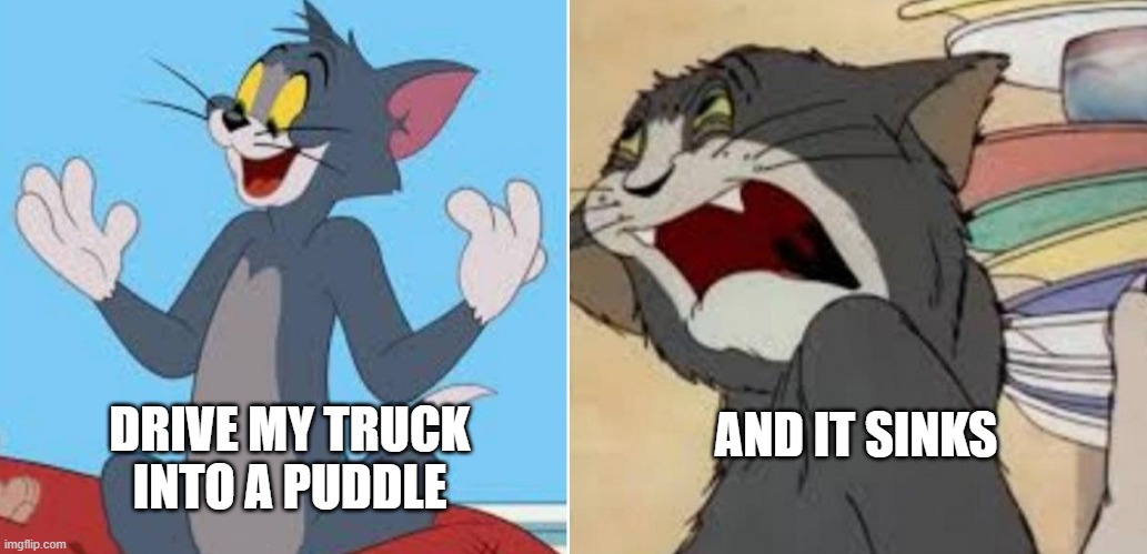 happy sad | DRIVE MY TRUCK INTO A PUDDLE AND IT SINKS | image tagged in happy sad | made w/ Imgflip meme maker