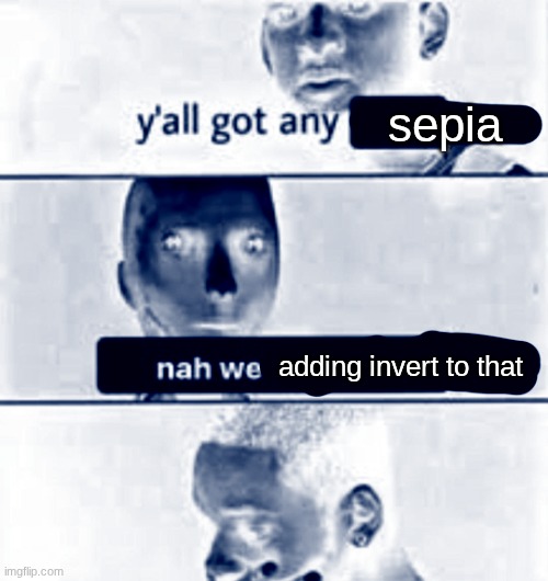 y'all got any | sepia; adding invert to that | image tagged in y'all got any | made w/ Imgflip meme maker