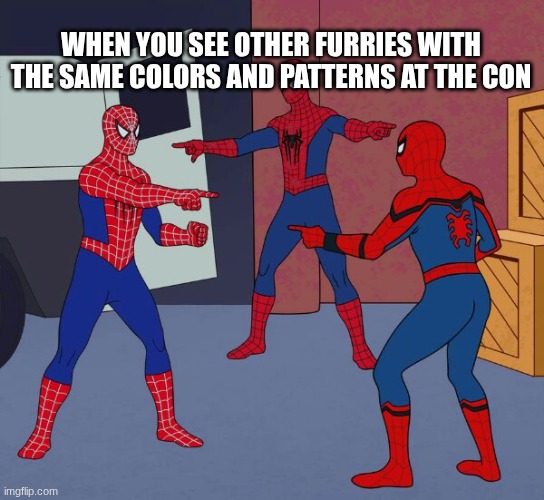 Spider Man Triple | WHEN YOU SEE OTHER FURRIES WITH THE SAME COLORS AND PATTERNS AT THE CON | image tagged in spider man triple | made w/ Imgflip meme maker