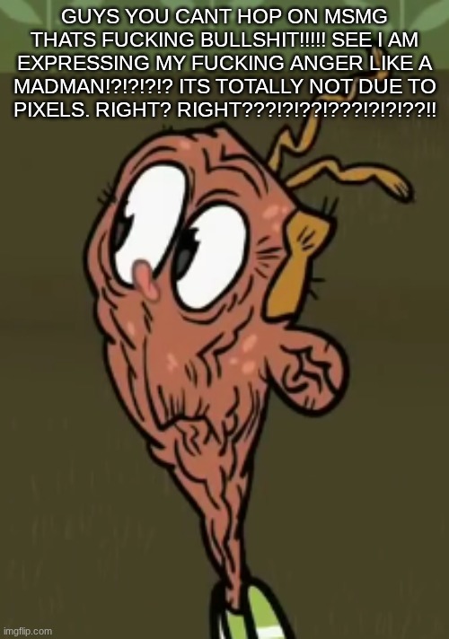 two shoes wild | GUYS YOU CANT HOP ON MSMG THATS FUCKING BULLSHIT!!!!! SEE I AM EXPRESSING MY FUCKING ANGER LIKE A MADMAN!?!?!?!? ITS TOTALLY NOT DUE TO PIXELS. RIGHT? RIGHT???!?!??!???!?!?!??!! | image tagged in two shoes wild | made w/ Imgflip meme maker