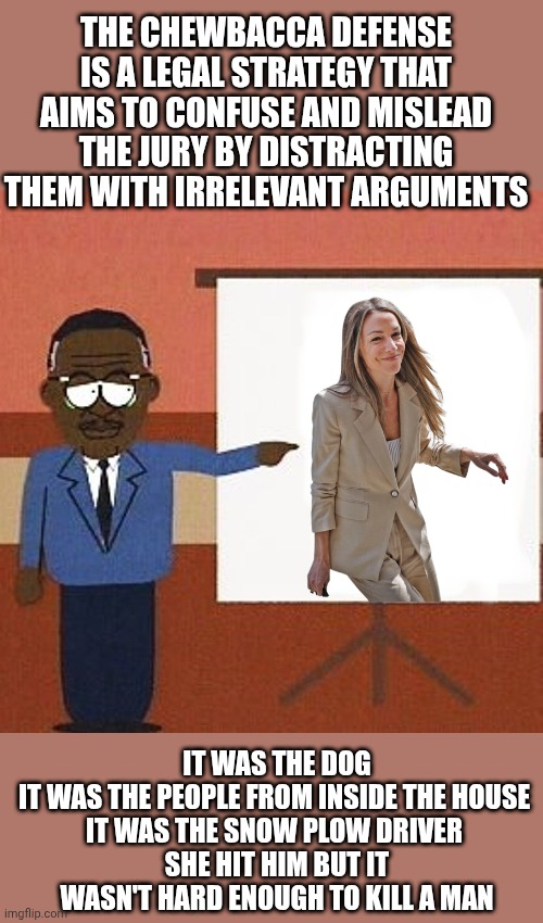 Attorney Johnny kokckring | THE CHEWBACCA DEFENSE IS A LEGAL STRATEGY THAT AIMS TO CONFUSE AND MISLEAD THE JURY BY DISTRACTING THEM WITH IRRELEVANT ARGUMENTS; IT WAS THE DOG
IT WAS THE PEOPLE FROM INSIDE THE HOUSE 
IT WAS THE SNOW PLOW DRIVER 
SHE HIT HIM BUT IT WASN'T HARD ENOUGH TO KILL A MAN | image tagged in wookie defense,karen,read,southpark,lawyers | made w/ Imgflip meme maker