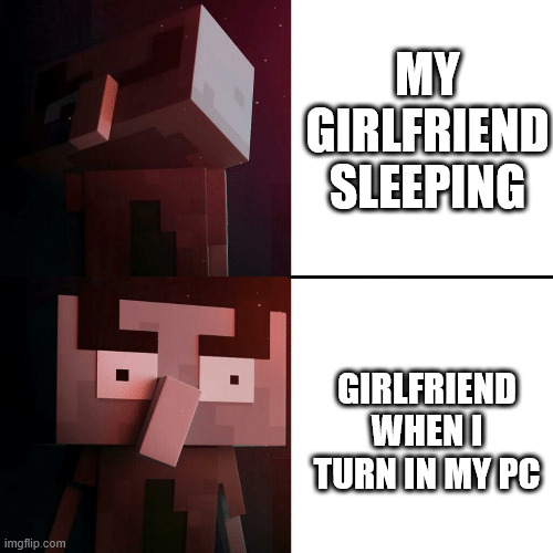 She knows | MY GIRLFRIEND SLEEPING; GIRLFRIEND WHEN I TURN IN MY PC | image tagged in drake illager | made w/ Imgflip meme maker