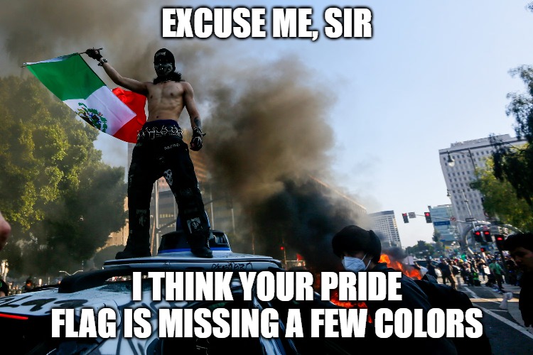 ICE riots | EXCUSE ME, SIR; I THINK YOUR PRIDE FLAG IS MISSING A FEW COLORS | made w/ Imgflip meme maker