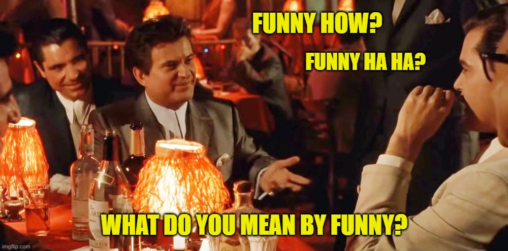 Joe Pesci | FUNNY HOW? WHAT DO YOU MEAN BY FUNNY? FUNNY HA HA? | image tagged in joe pesci | made w/ Imgflip meme maker
