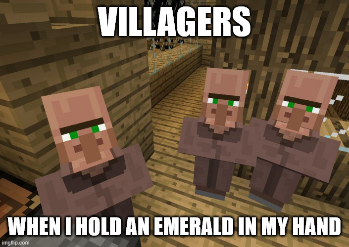 Bow down | VILLAGERS; WHEN I HOLD AN EMERALD IN MY HAND | image tagged in minecraft villagers | made w/ Imgflip meme maker